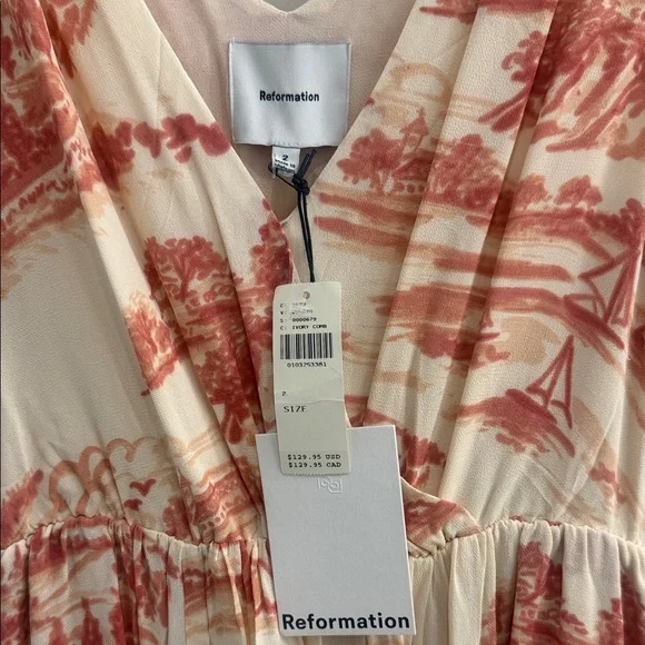 Reformation Farrah Sleeveless Red and Cream Patterned Dress - Picture 2 of 4